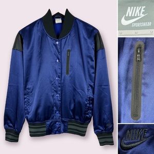 Nike NSW Satin Destroyer Varsity Bomber Jacket Women’s M Mesh-Lined Snap Button